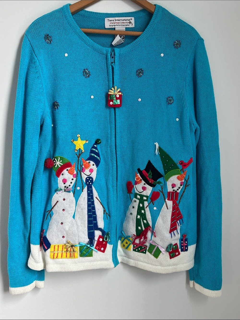 Tiara International | Women's Turquoise Snowman Zip-Up Holiday Cardigan Size L